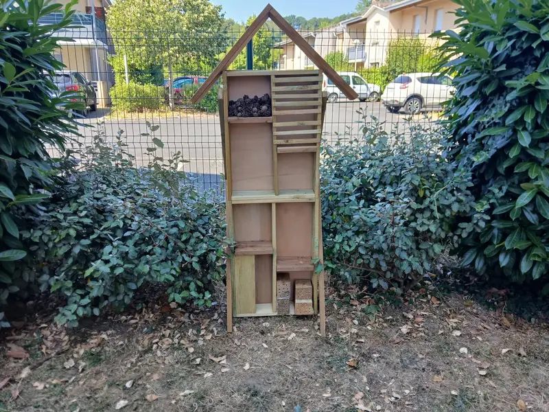 Hôtel à insectes en bois installé dans un espace vert