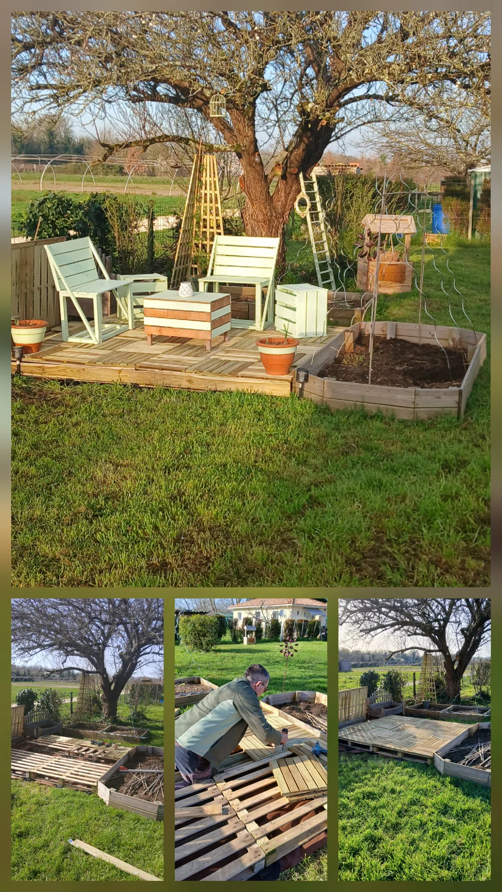 Terrasse réalisée en mobilier bois de récupération